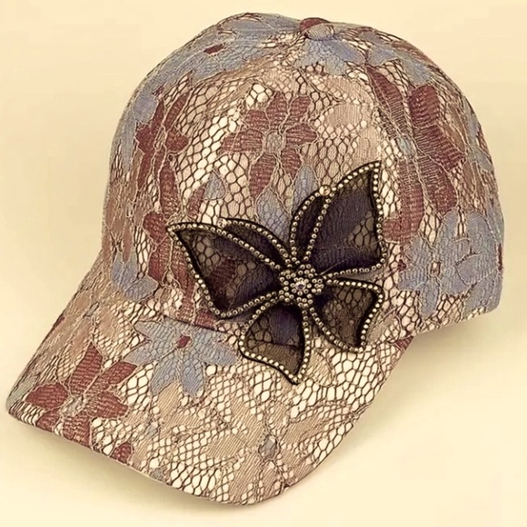 Butterfly on Pinkish Brown & Blue Lace Baseball Cap - Picture 2 of 9